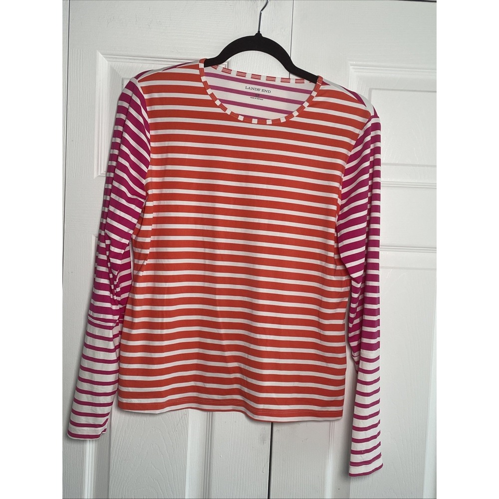 Lands End Striped Long Sleeve Womens Size M 10-12 Pink Orange Colorblock Nylon